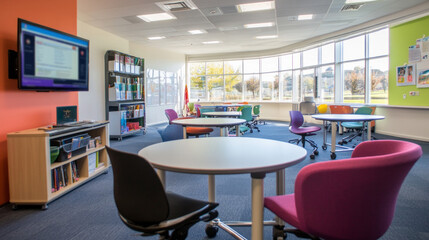 Obraz premium A modern classroom designed for collaborative learning with circular tables and colorful chairs during a sunny afternoon