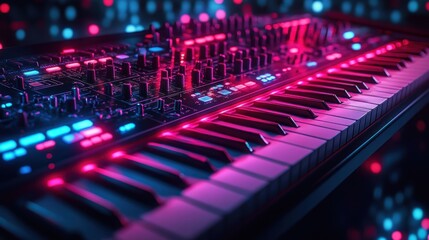 Fototapeta premium A vibrant synthesizer with glowing keys and controls.