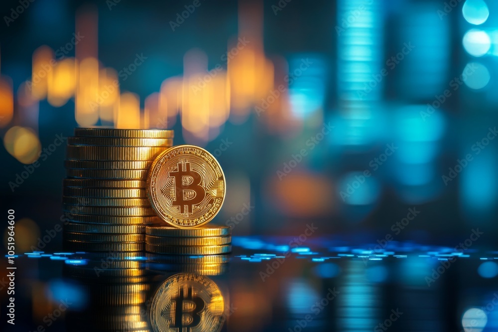 Poster close-up of stacked bitcoin coins with a blurred background of financial charts and glowing data met