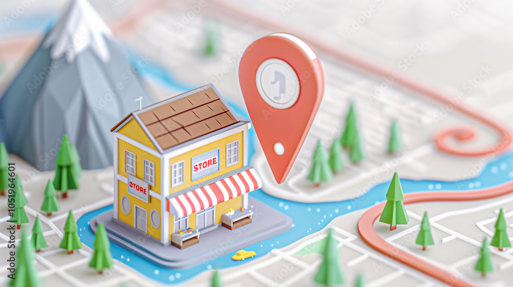 Poster store location on map pin with surrounding landscape and trees illustrating navigation and business 