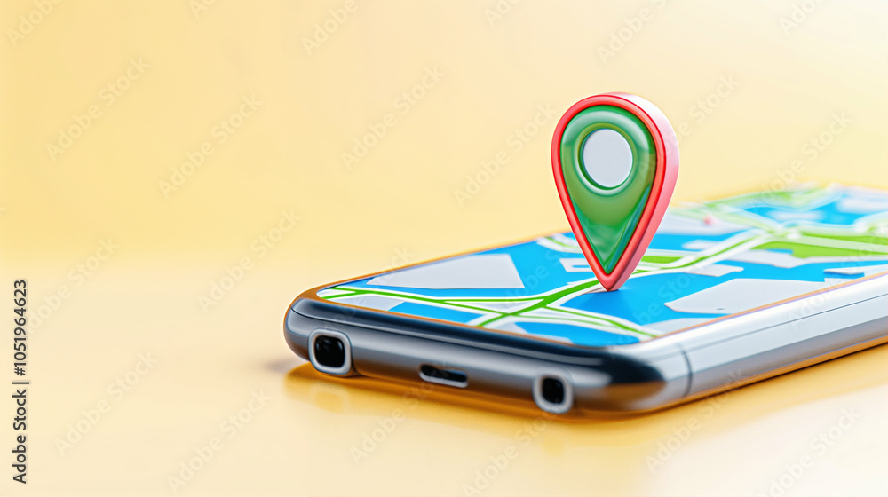 Poster smartphone with map showing location pin on screen for navigation and travel options