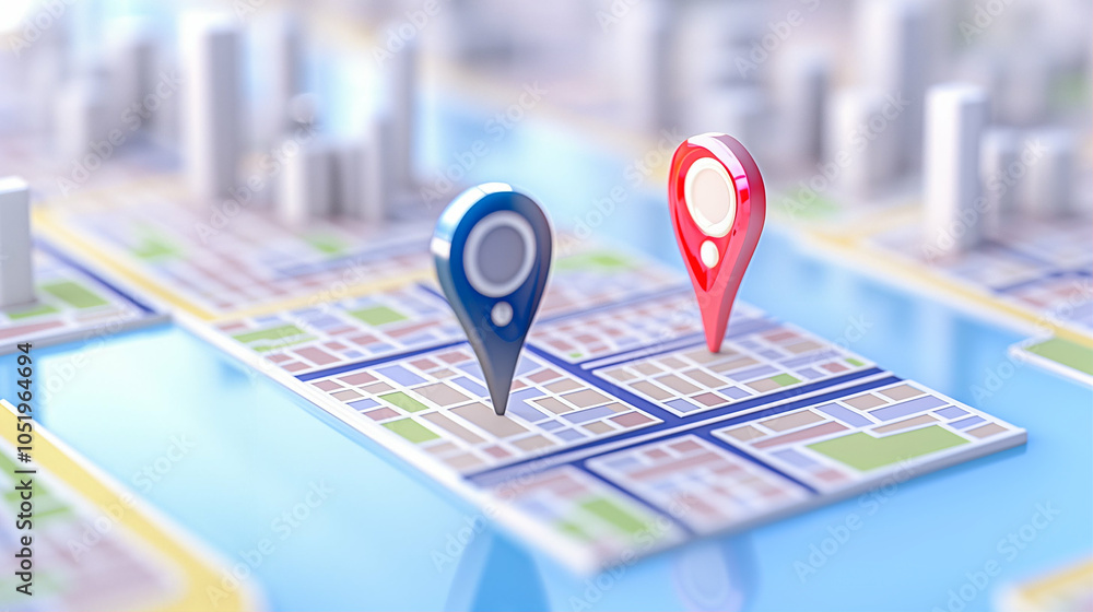 Poster map with location pins highlighting specific areas in urban landscape design