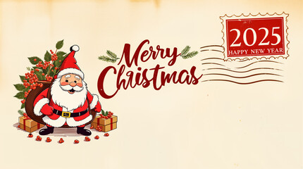 Merry Christmas and Happy New Year 2025! Vintage Postcard Features Santa Claus with Gifts and Holiday Greetings  with distressed stamp effect. Perfect for holiday cards and designs. Copy Space