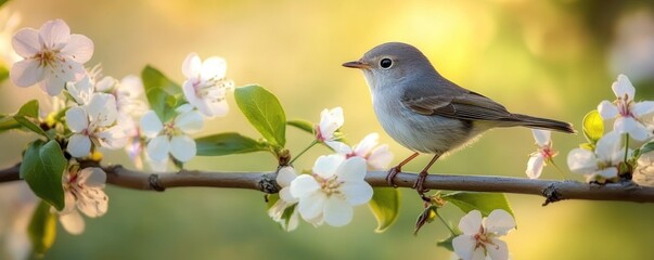 Obraz premium A serene bird perched on a flowering branch in a soft, natural setting.