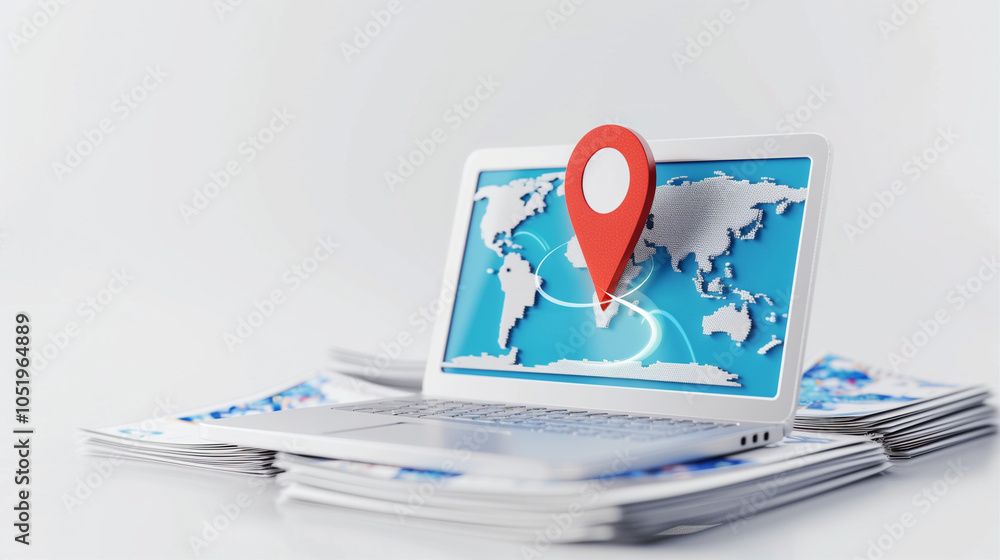 Poster laptop with location pin and world map on screen showcasing modern technology and connectivity in a 