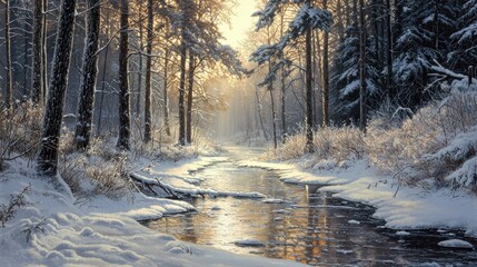 Frozen creek meandering through a snowy forest surrounded by tall trees draped in frost early sunlight sparkles on the icy surface casting soft shadows and adding warmth to the cold peaceful scene