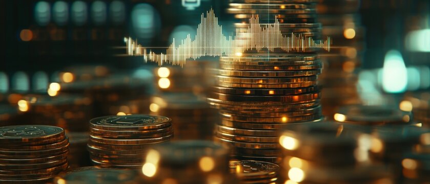 Close-up of stacked gold coins with financial graphs and digital data overlay, symbolizing investment growth, cryptocurrency trends, and economic success.