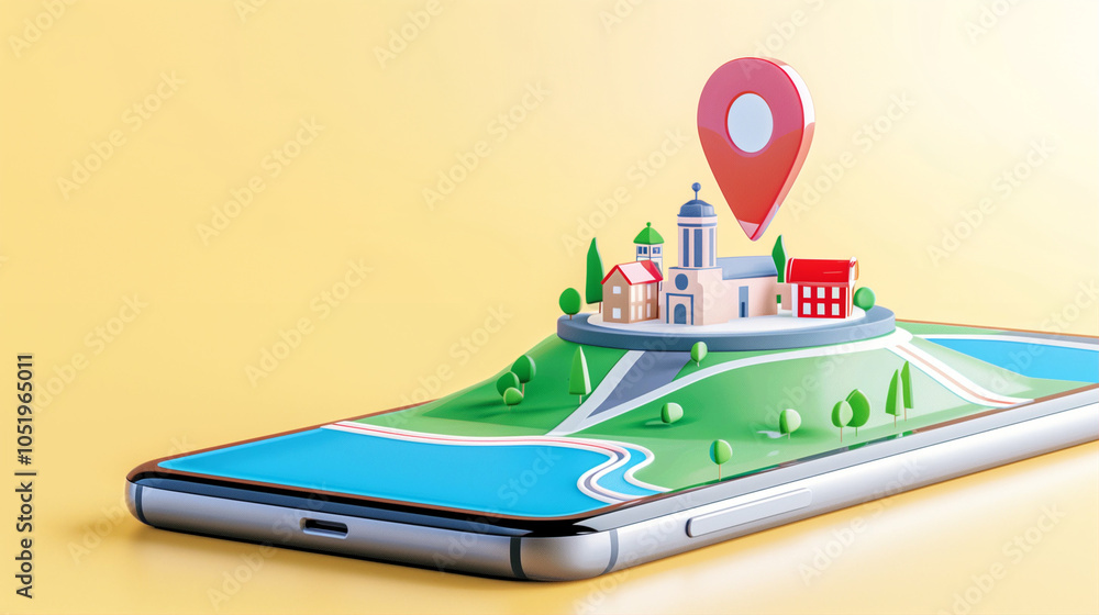 Poster smartphone displaying a map with a location pin and a colorful landscape in a modern design