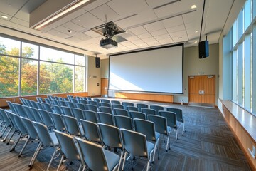 Spacious conference room with large screen and natural light