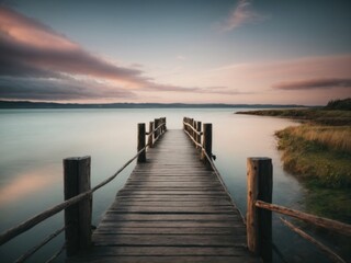 Obraz premium small wooden bridge near lake in sunset. AI Generative