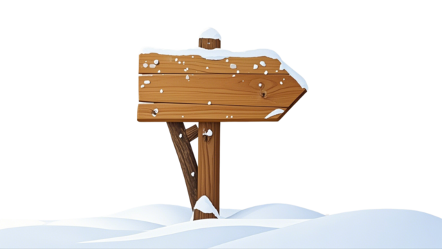 Wooden signpost in snow isolated on transparent or white background PNG....