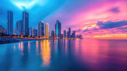 Fototapeta premium Vibrant sunset over a city skyline reflecting on calm waters.