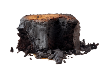 A heavily charred cake with a crumbly, ashy surface, isolated on white background