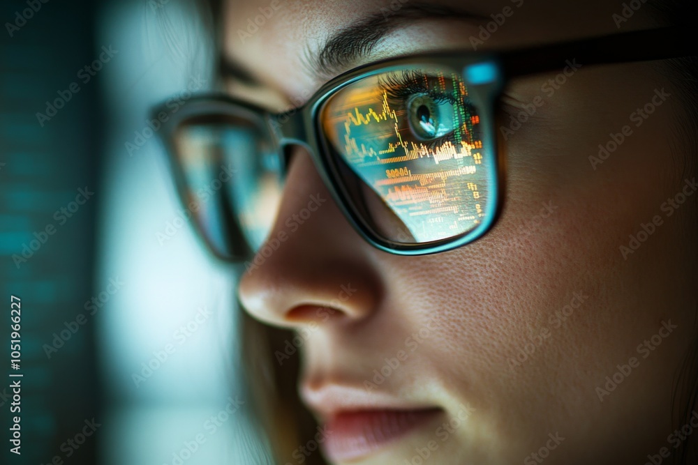 Poster focused business analyst analyzing data trends through glasses, reflecting complex graphs and charts