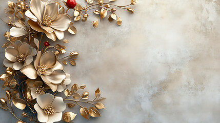 3D flower arrangement with gold elements on an old concrete wall. created with Generative AI technology
