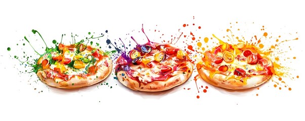 Colorful Pizza Slices with Watercolor Splatter Effect