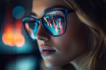 Focused female analyst with stylish glasses, reflecting stock market data and trends in her lenses, symbolizing financial insight and technology.
