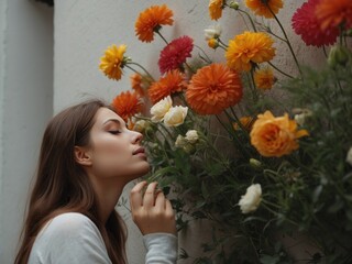 Naklejka premium Young woman with eyes closed smelling flowers in front of wall. AI Generative