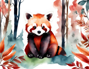 Watercolor red panda forest background