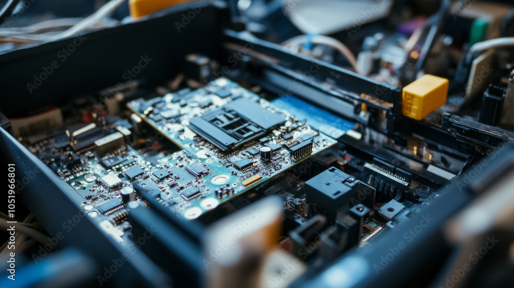 Poster disassembly of electronic devices in a workshop, focusing on circuit boards and components during a 