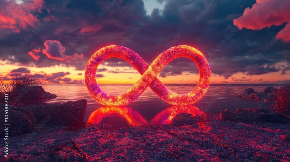 Poster glowing red infinity symbol rendered in 3d with enchanting light set against a whimsical backdrop du