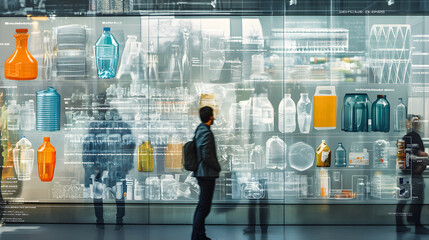 person observes display of various plastic containers and recycling information, showcasing