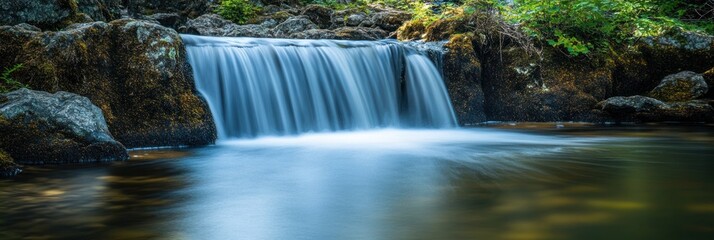 Obraz premium A serene waterfall cascading over rocks into a calm pool, surrounded by lush greenery.
