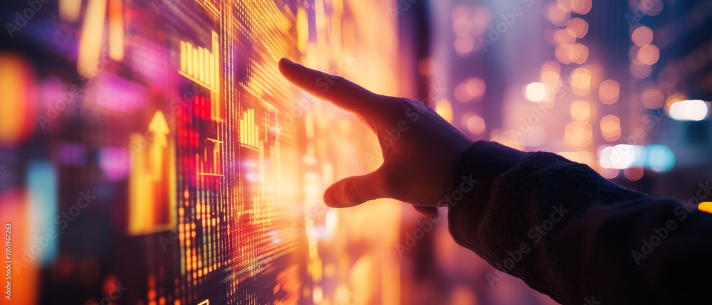 Poster futuristic business analytics: hand interacting with vibrant data visualizations on a high-tech scre