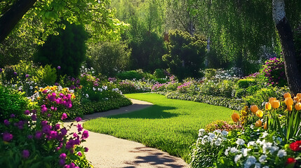Obraz premium A green botanical garden with spring flowers and a lawn path. created with Generative AI technology