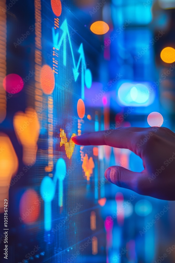 Poster futuristic data visualization: hand interacting with colorful graphs and charts, analyzing stock mar