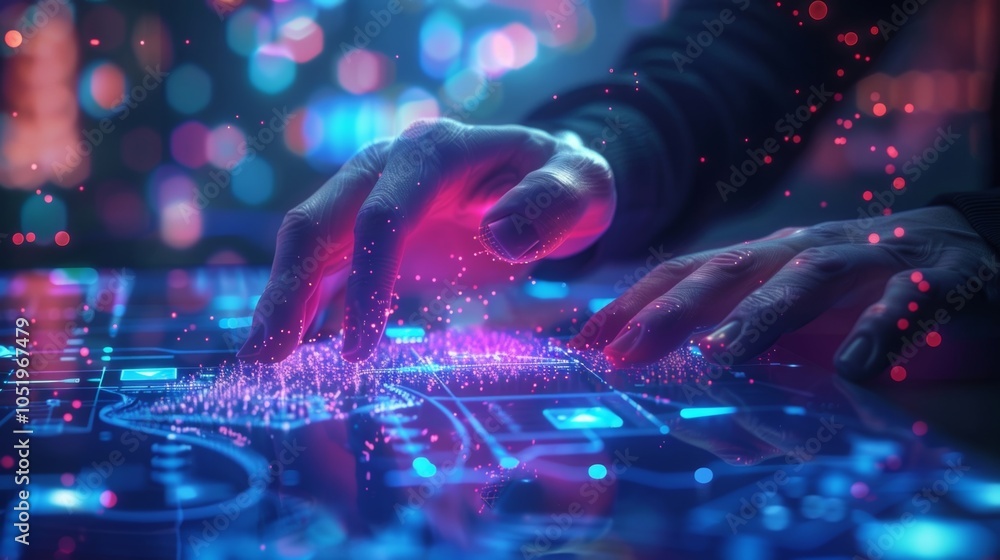 Poster hands interacting with a futuristic digital interface, generating a holographic projection with data