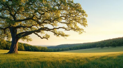 Solitary tree in a lush green field under a clear blue sky during golden hour.