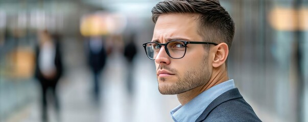 Obraz premium Confident businessman with glasses in an office environment.