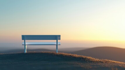 3D view of a white bench placed on a hill, overlooking a scenic rural landscape, warm sunset glow, White bench on hill, Peaceful countryside view