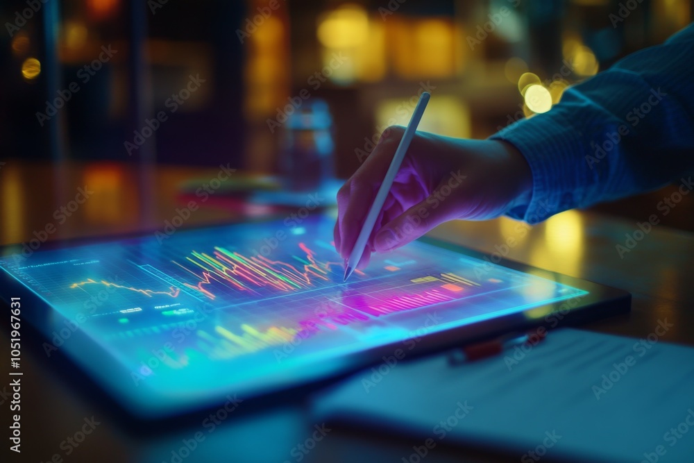 Poster close-up of a hand using a stylus on a digital tablet displaying colorful financial charts and data 
