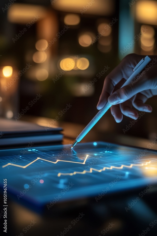 Aufkleber close-up of a hand using a stylus on a digital tablet to analyze financial charts in a dimly lit off