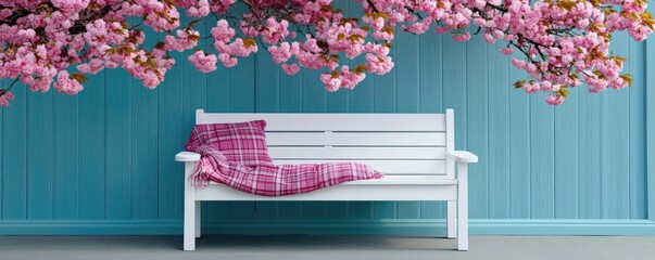 Artistic depiction of a white bench covered with a plaid blanket and cushions, placed near a blooming cherry blossom tree, Cozy white bench in yard, Springtime outdoor comfort