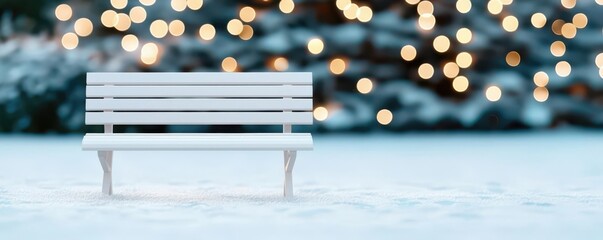 Artistic depiction of a white bench with festive holiday decorations in a snowy yard, soft glowing effects, White bench in winter yard, Holiday outdoor scene