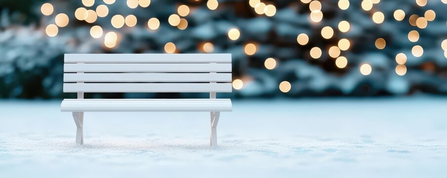 Artistic depiction of a white bench with festive holiday decorations in a snowy yard, soft glowing effects, White bench in winter yard, Holiday outdoor scene