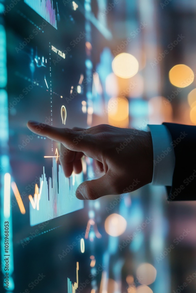 Poster business professional analyzing financial data on a digital touchscreen interface, displaying graphs