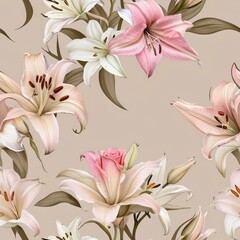 Obraz premium Seamless Floral Design with Roses and Lilies in Soft Beige and Pink Colors