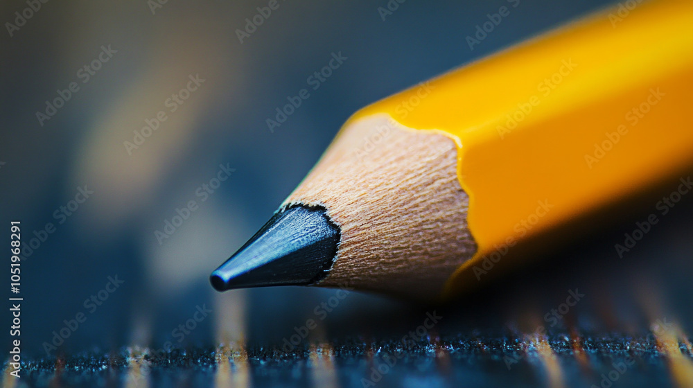 Poster close-up view of a sharpened yellow pencil resting on a wooden surface, emphasizing its fine point a
