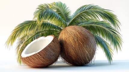 Two coconuts, one cracked open to reveal the white flesh, surrounded by lush palm leaves against a white background.