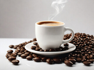 Obraz premium A steaming cup of coffee surrounded by scattered coffee beans.