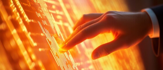 Close-up of a business professionals hand interacting with an illuminated digital interface, symbolizing technology, data analysis, and innovation.