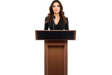 A confident female speaker standing behind a podium addressing an audience, with a presentation screen isolated on white background