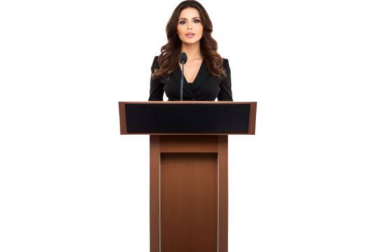 A confident female speaker standing behind a podium addressing an audience, with a presentation screen isolated on white background