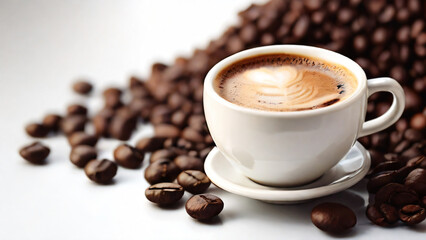 Fototapeta premium A steaming cup of coffee surrounded by scattered coffee beans.