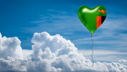 Fototapeta premium ザンビアの国旗のハート型の風船と青空(Zambia flag heart-shaped balloon and blue sky.) 