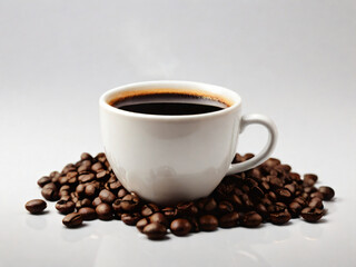 Fototapeta premium A steaming cup of coffee surrounded by scattered coffee beans.